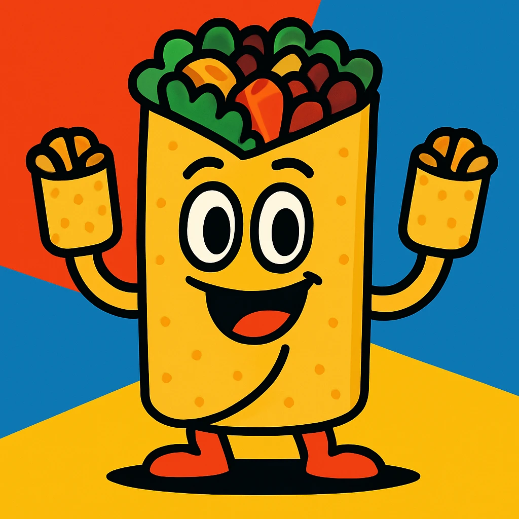 Change the hands so they are made of small burritos, vibrant cartoon style emoji