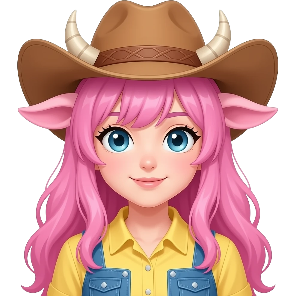 Cowgirl anime lady with horns, pink hair, pink cow ears, pastel yellow shirt, light blue eyes emoji