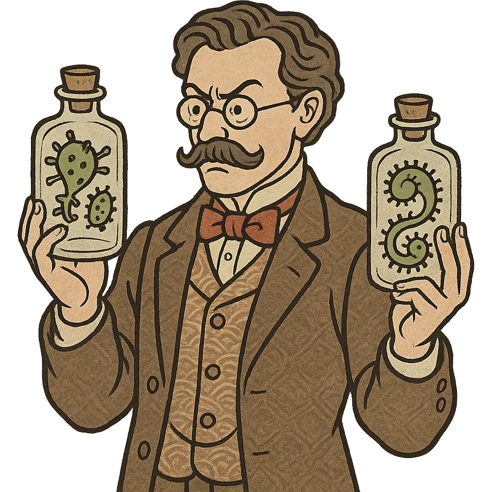a victorian scientist with two sterile bottles with germs inside emoji