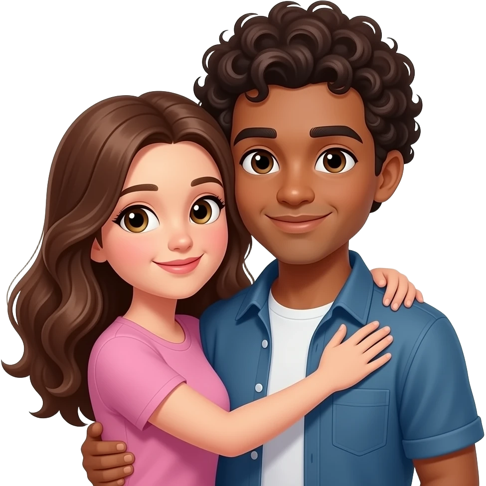 white girl with brown hair hugging brown guy curly hair emoji