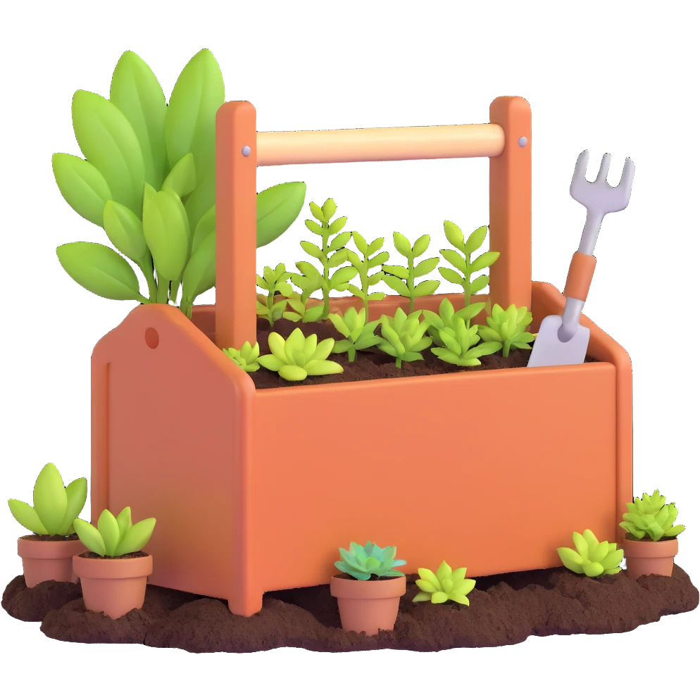 spring gardening tool box with small plants emoji