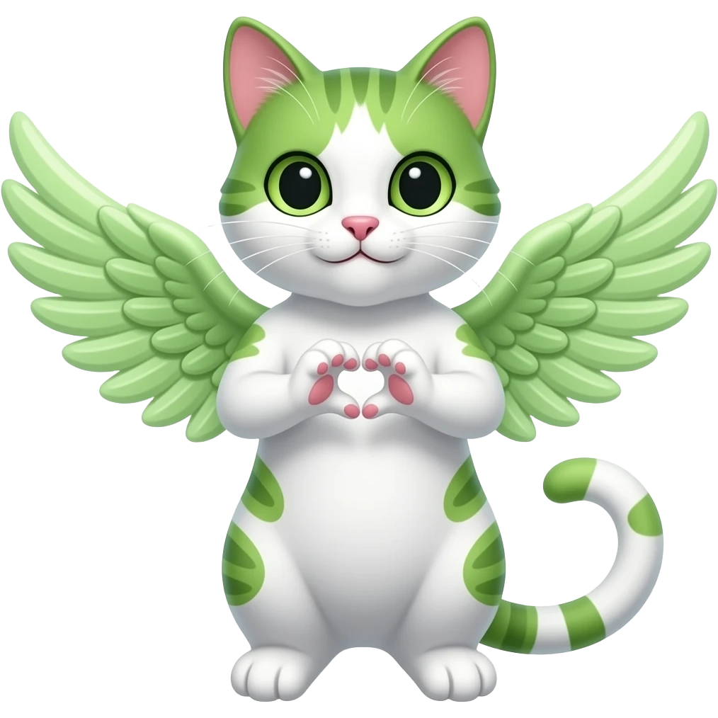 White and green winged cat making a heart with its paws emoji