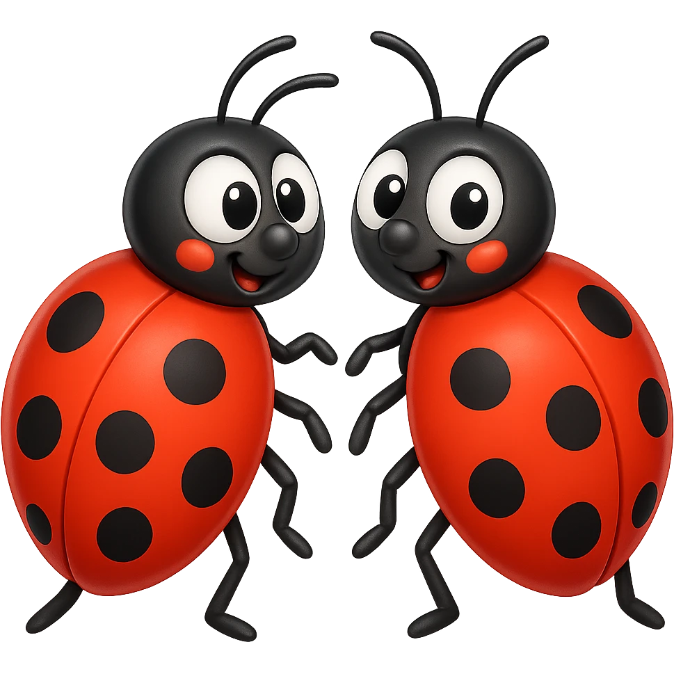 Make the two ladybugs more cartoonish in the style of apple emojis, with big eyes and playful faces, keeping the apple emoji style look. emoji
