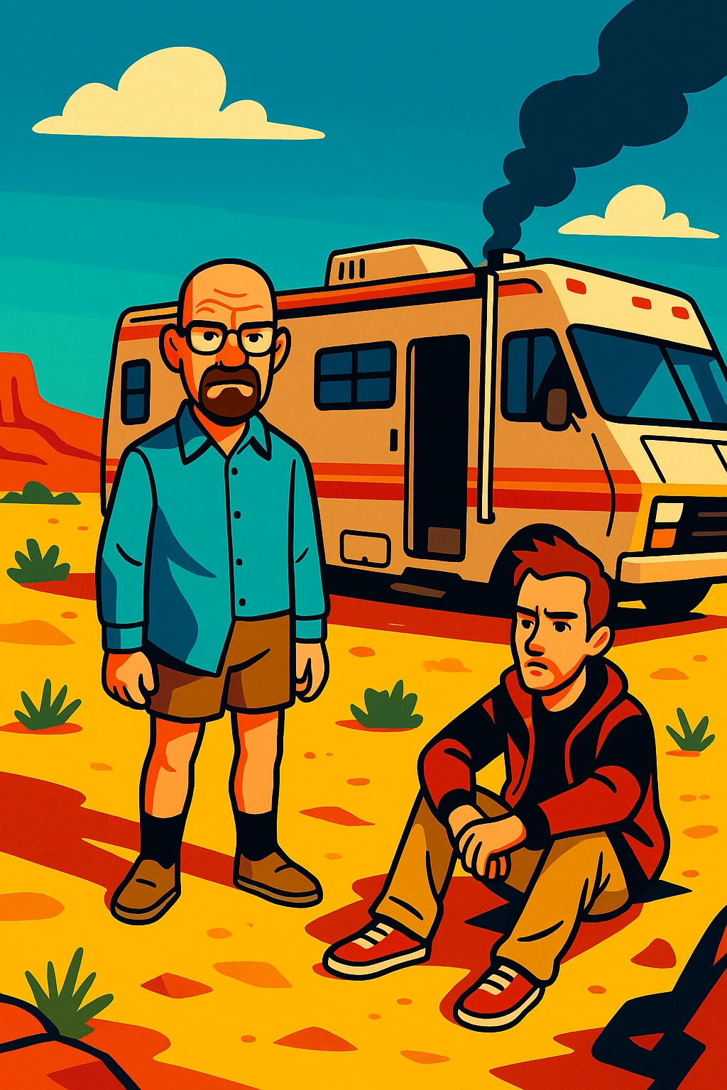 illustration inspired by Breaking Bad, iconic scene from trailer in desert, vibrant artistic style emoji