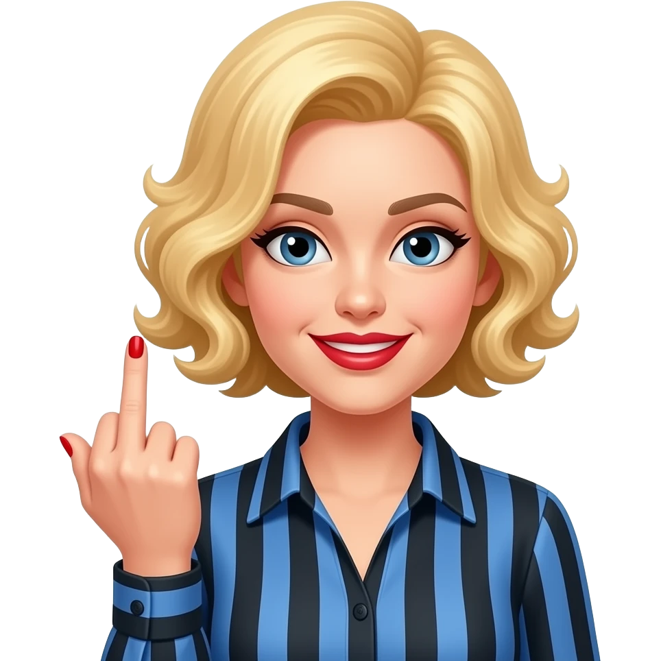 short blonde with spiral curly hair side swept bob flipping you with the middle finger in a blue and black vertical striped blouse in red lipstick in red medium nails emoji