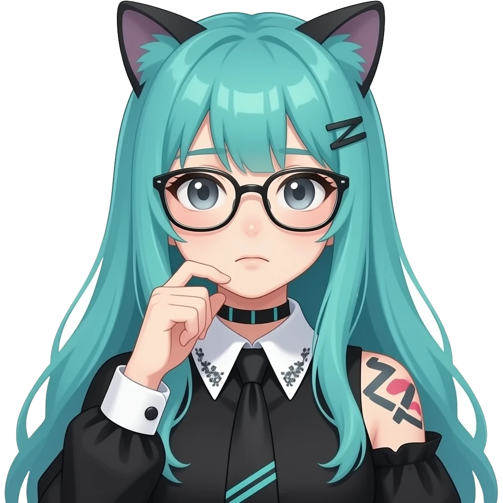 anime girl, thinking hard, cat glasses ,face tattoos, long flowing teal hair, grey eyes, black shoulder cyberpunk blouse with fancy white collar emoji
