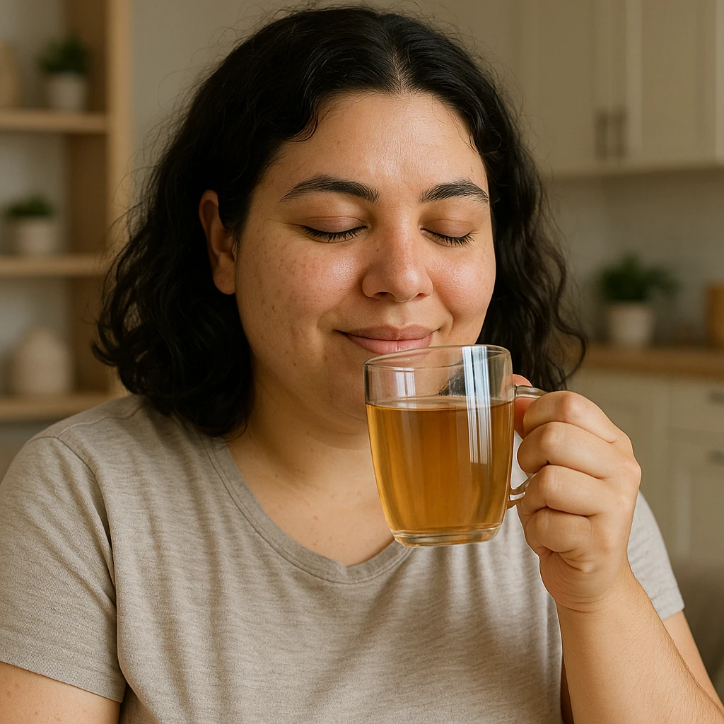 woman with PCOS drinking water or sugar-free herbal tea, satisfied expression, self-care atmosphere, realistic details, kitchen or living room background emoji