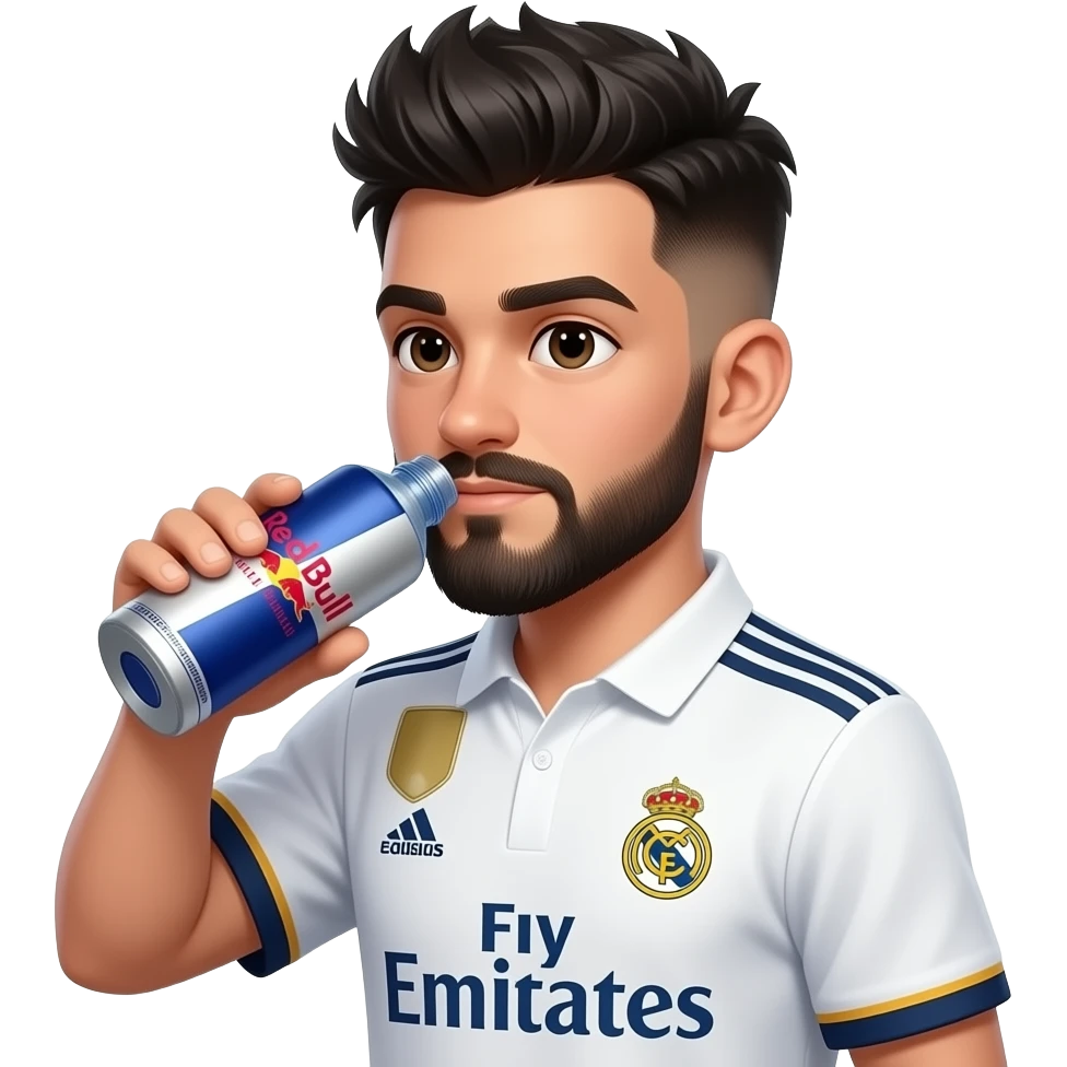 Boy with a European soccer ball, in Real Madrid jersey Indian young boy with a lightly trimmed beard and side fade with messy spike hairstyle, drinking redbull watermelon flavor, hair and beard color is black emoji