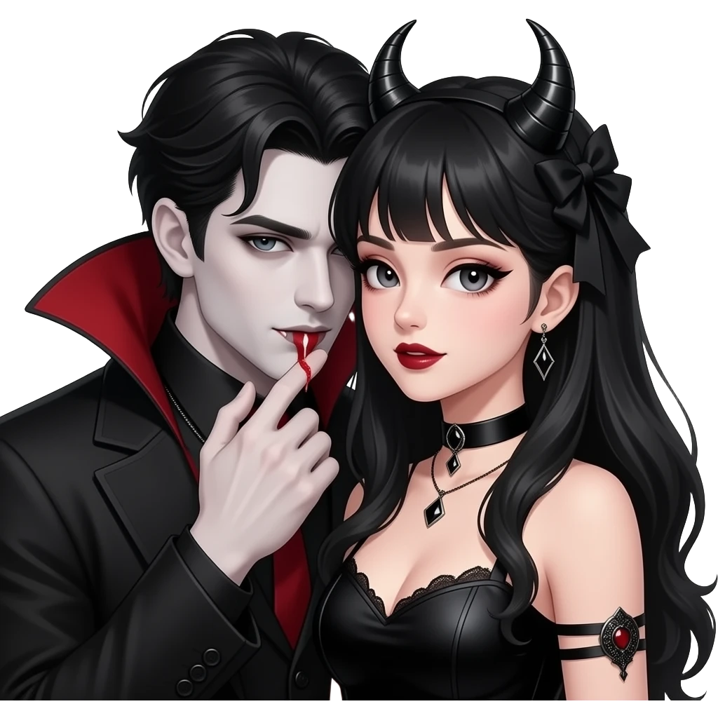 Sexy gothic vampiric man giving a hickey to a sexy gothic woman, anime style emoji
