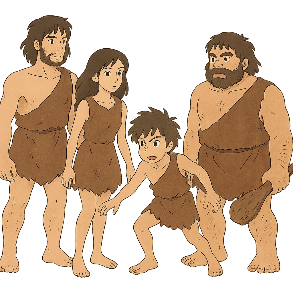 ghibli style illustration of early age humans, no background emoji