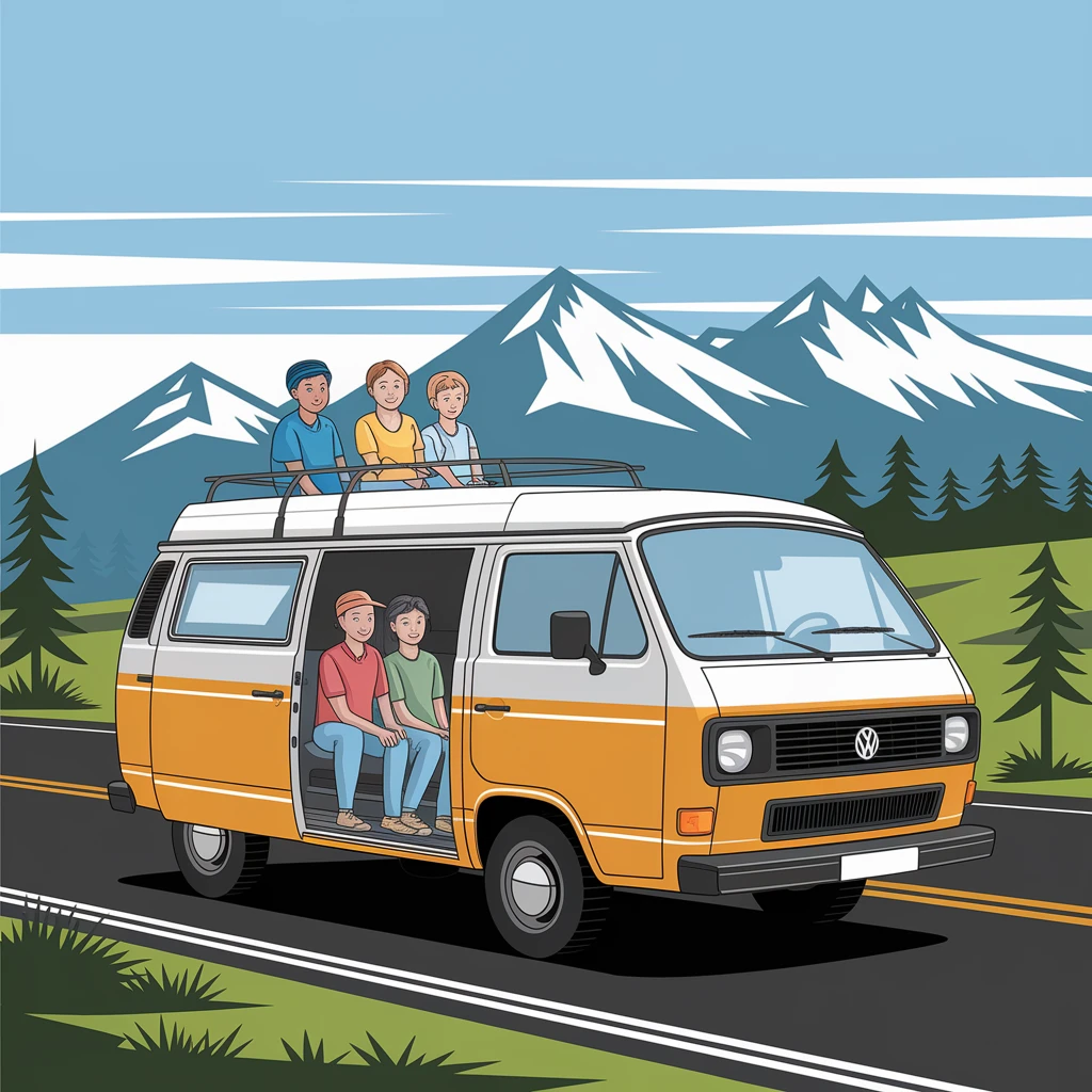 color vector art with thin outline of family on road trip with volkwagon van emoji