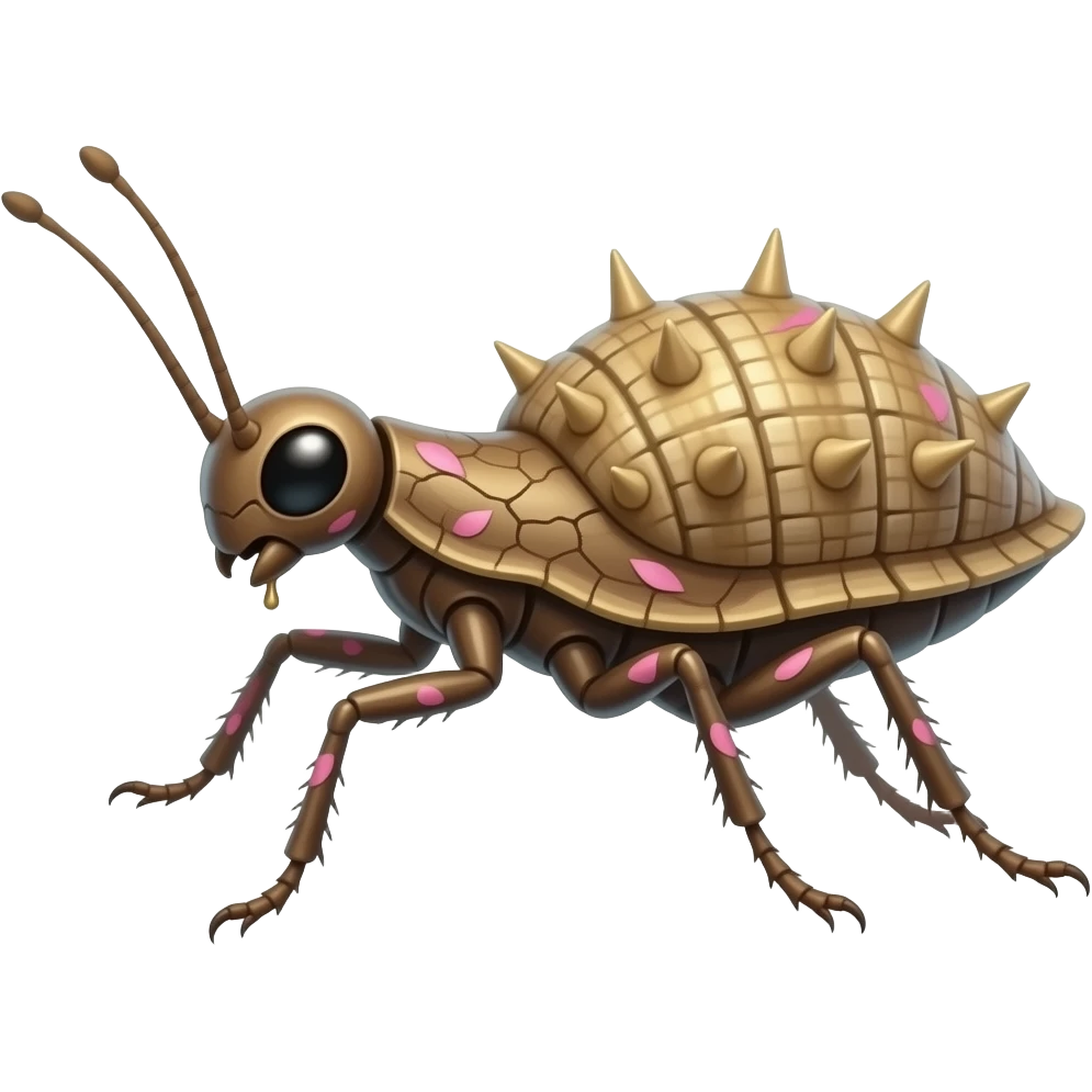 A flying forest Walkingsticks crawler with sticky sap running through cracks in its bark-like body. it's made of bark but has a shell on its back, it has spikes and runs fast with all its limbs. It's full of pink petal markings, and looks like a Walkingstick insect with a petal bark body emoji