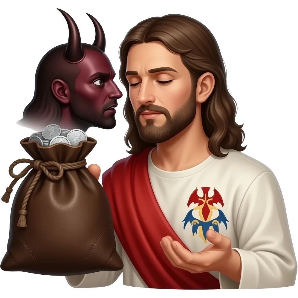 Satan whispering in a man’s ear to betray Jesus for 30 pieces of silver in a bag emoji