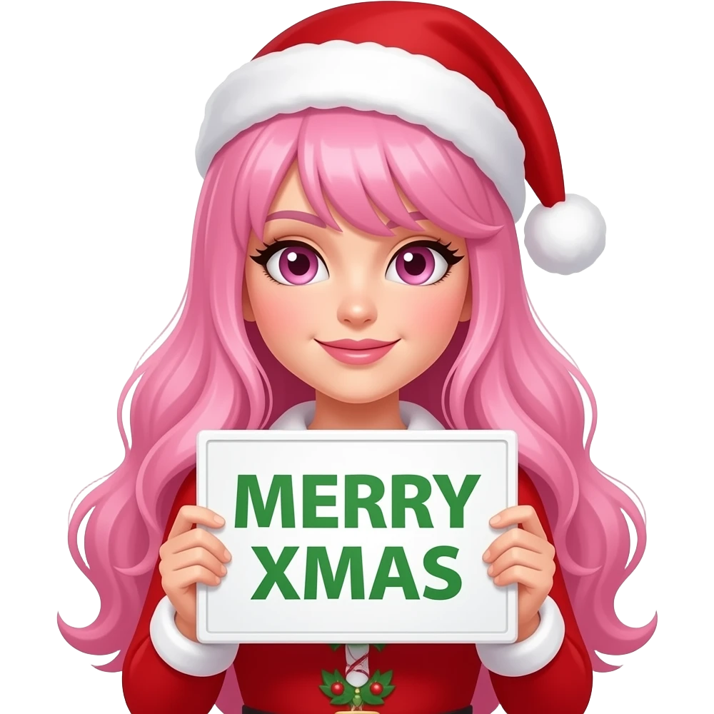sexy girl with long pink hair and pink eyes wearing christmas dress holding a MERRY XMAS sign emoji