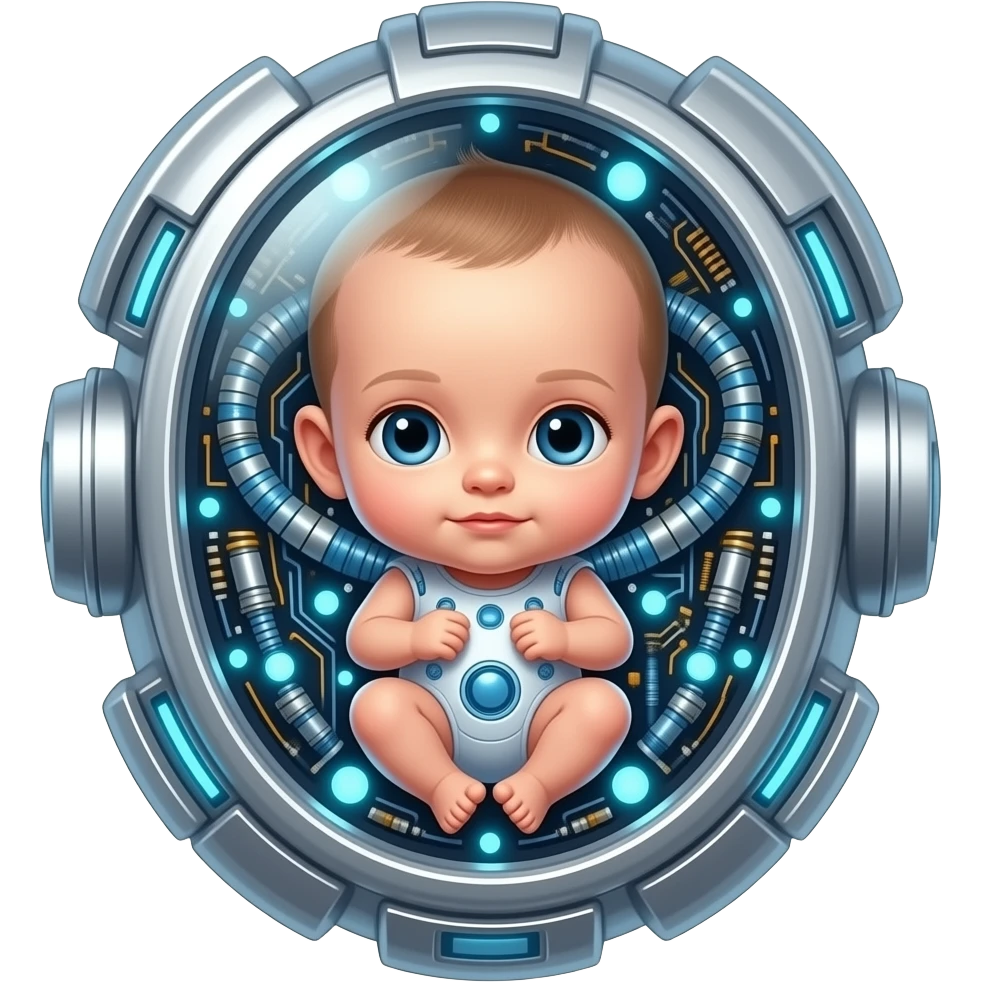 This image is a piece of digital art depicting a futuristic fetus or cyborg infant encased in technology.  The subject appears to be integrated with electronic circuitry, resembling a human-machine hybrid. emoji