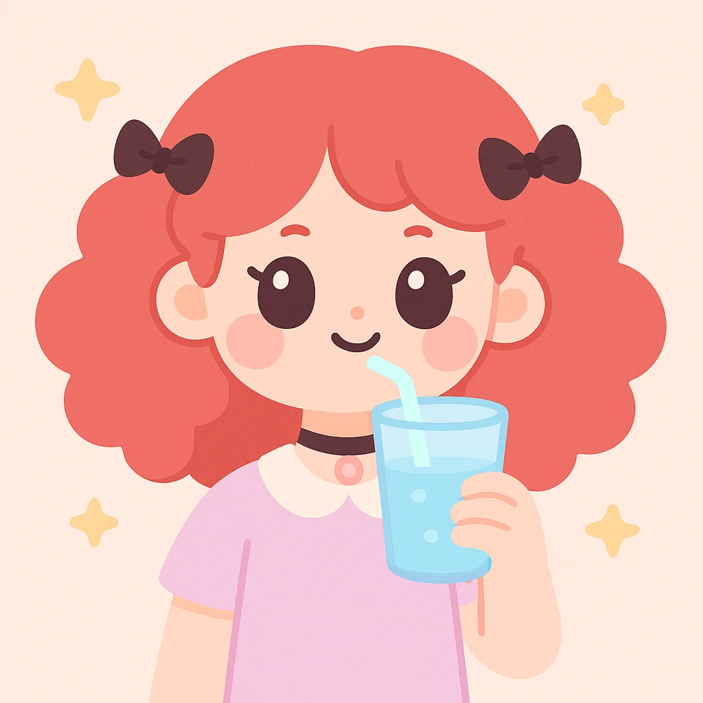 goth girl with red cherry curly hair drinking water emoji