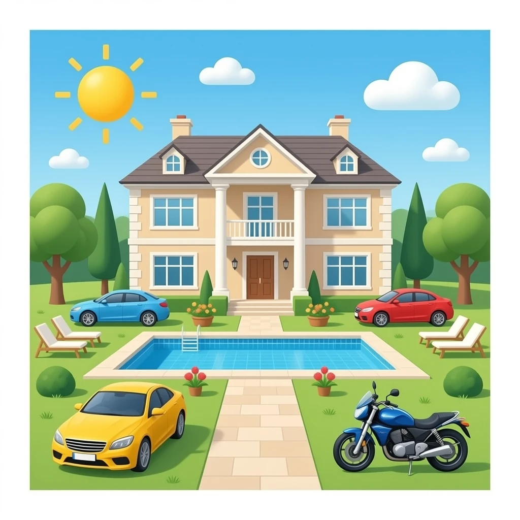 Gigantic house with cars and swimming pool and motorcycles emoji
