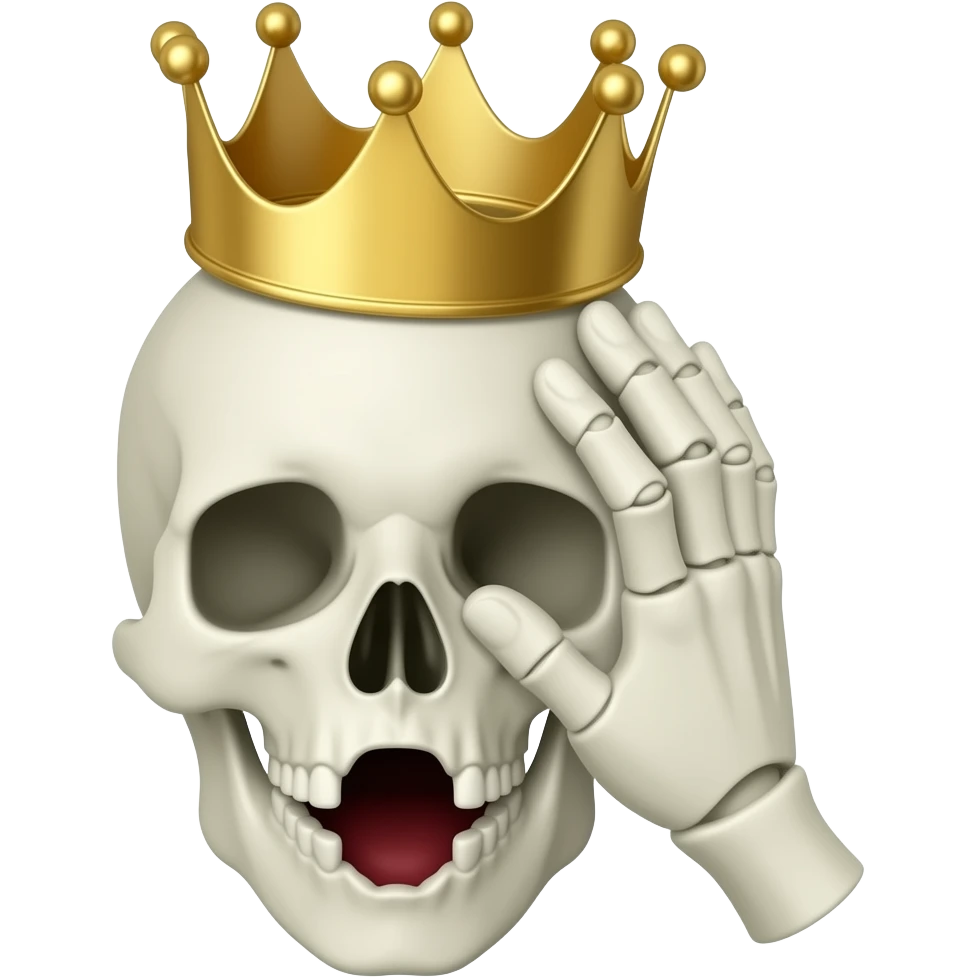 A skull with a crown and hand on the head and mouth open like shock emoji