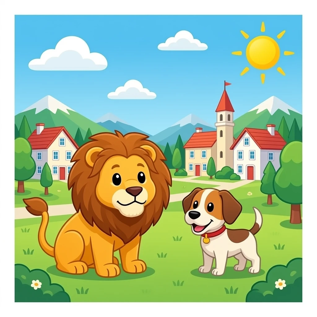 quiero una portada de comic con un pueblo y tenga algo uq e ver con un leon y un perro emoji