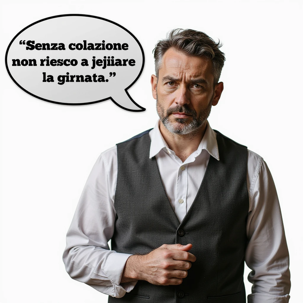 hyperrealistic 4K man isolated on white background, speech bubble saying 'Senza colazione non riesco a iniziare la giornata', serious expression, realistic details, different pose, variant 4 emoji