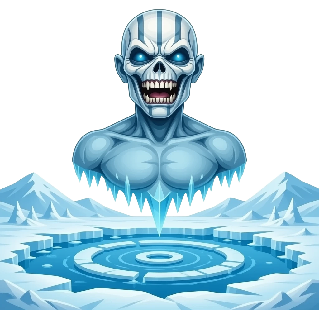 iron maiden eddie mascot - deformed ethereal upper body hovers over frozen landscape - a Gustave Doré piece, depicting traitors frozen in a lake of ice in the ninth circle of Dante's Inferno emoji