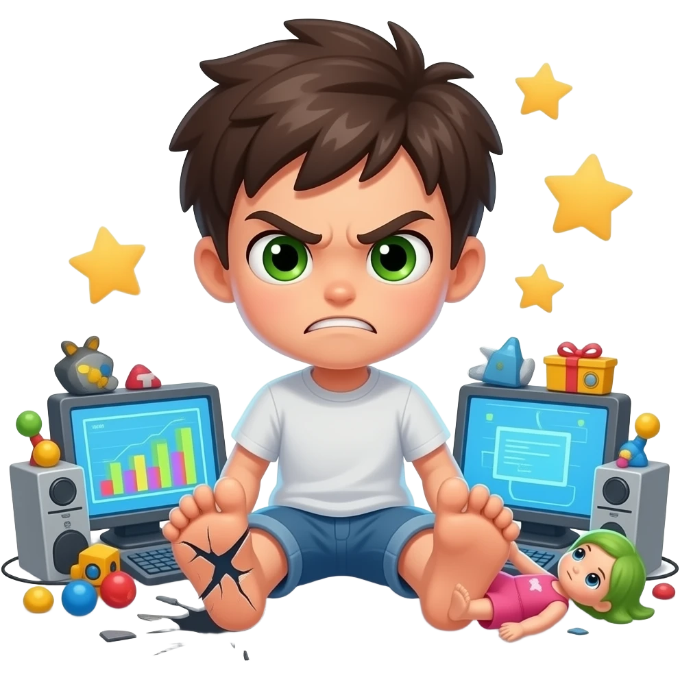 Angry Teenage boy Green eyes surrounded by toys, computers, stars, around and foot on broken Doll emoji