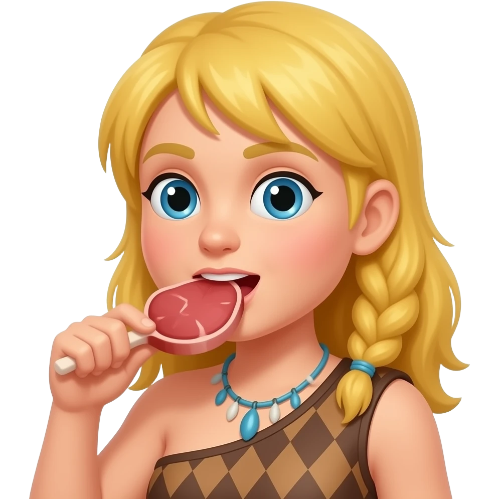 blonde cavewoman eating cartoon meat emoji