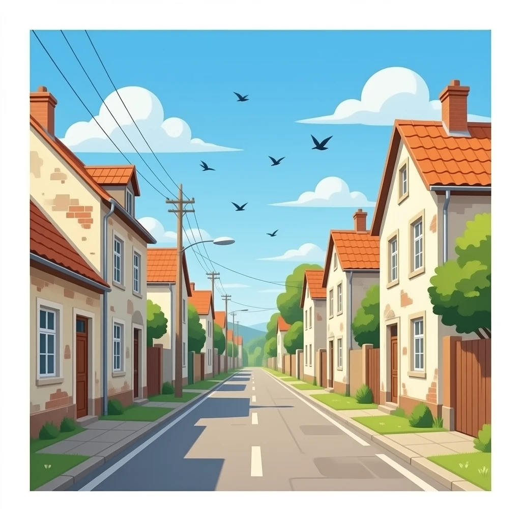hazme una calle muy larga, que tenga casas muy antiguas y que sea de día. Y que haya pajaros volando. emoji