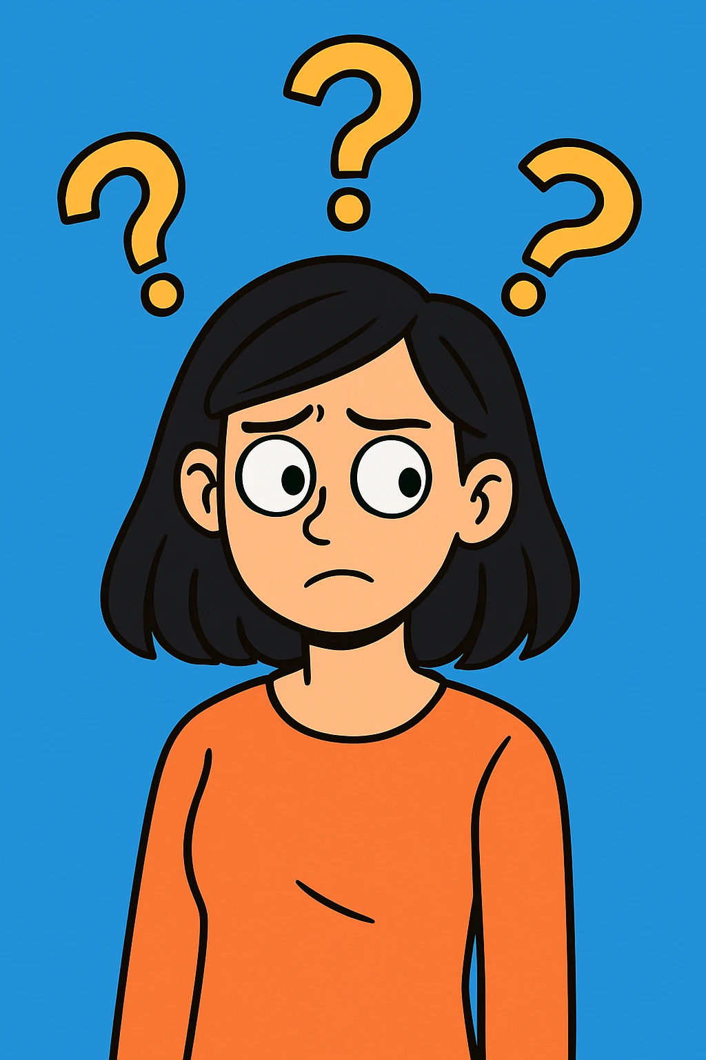 Change the background to a bright solid blue color and make the woman's hair a little darker, keeping the cartoon style and all other details the same. Maintain the original cartoon style and details as in the reference image. emoji