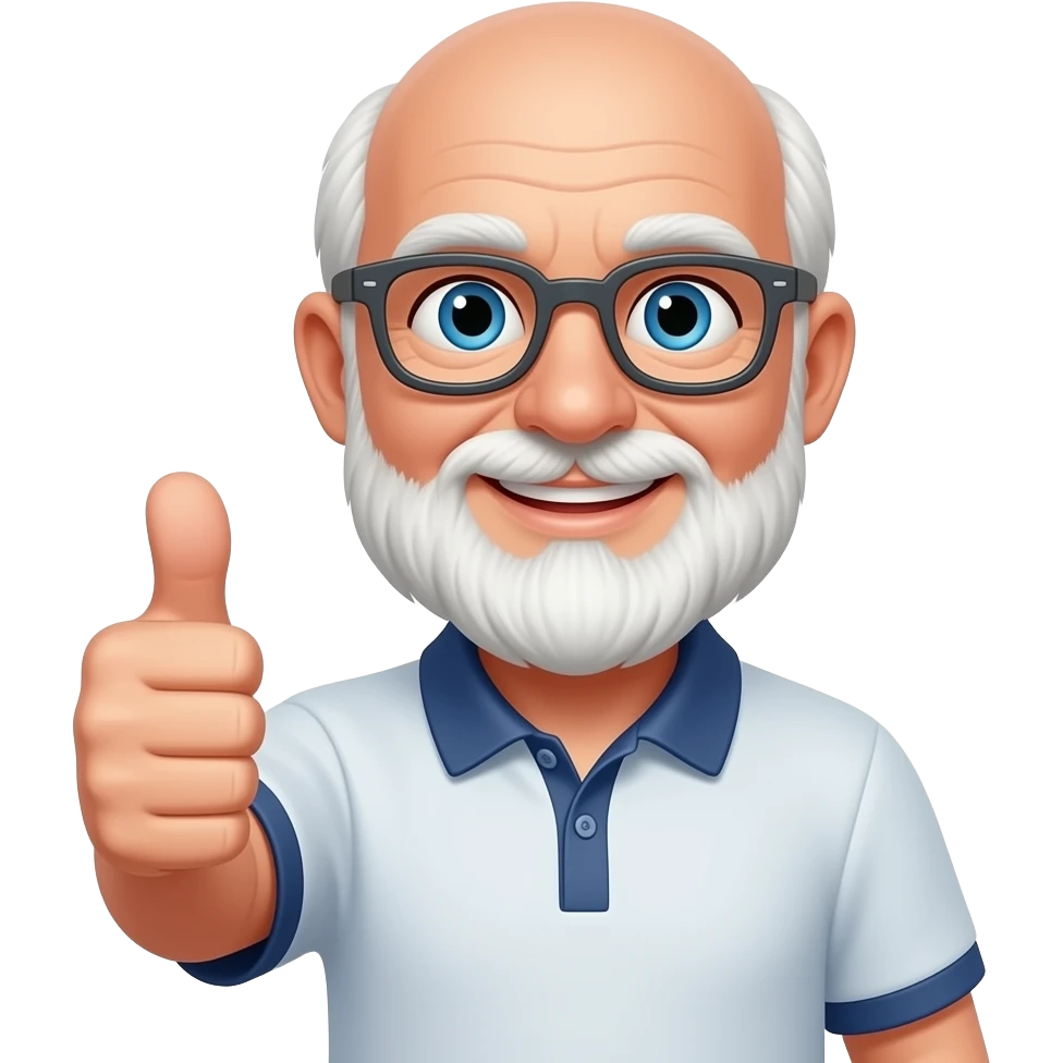 old bald man with white beard with red tint, blue eyes, dark gray glasses, thumbs up, golf polo shirt, smiling emoji
