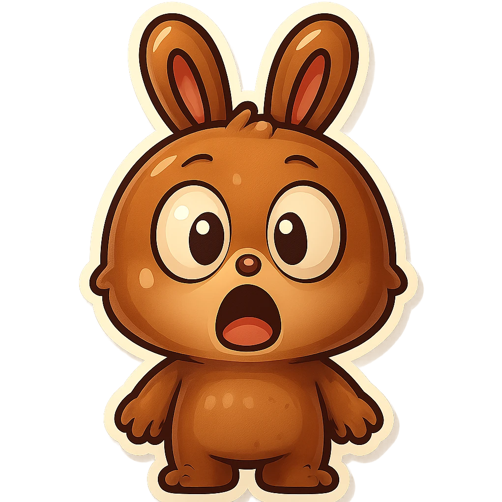 Change the brown bunny character's face to a surprised expression with wide eyes and open mouth, keeping the retro stickers style. emoji