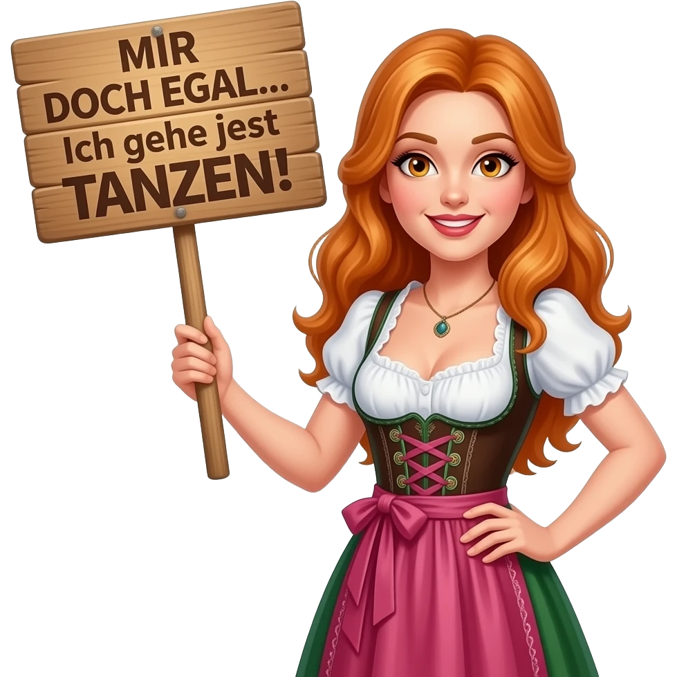 sexy girl with overlong ginger hair and ginger eyes wearing a dirndl holding MIR DOCH EGAL... Ich gehe jetzt TANZEN! sign emoji