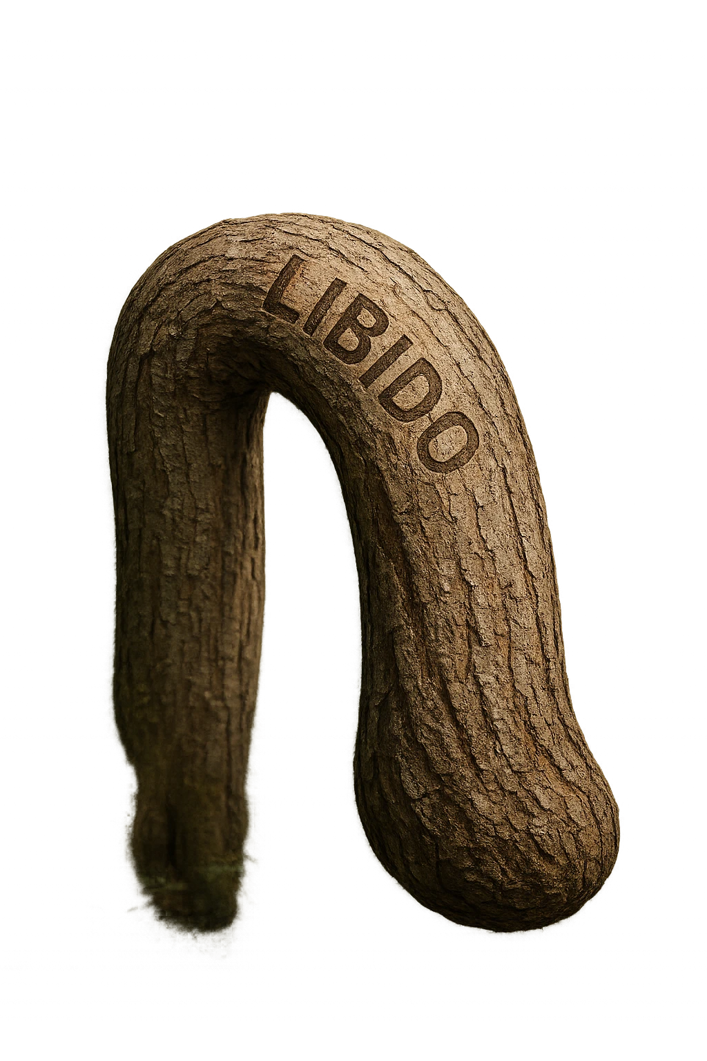 Realistic, vertical 4K illustration: a hyperrealistic tree trunk in a forest setting, noticeably bent, drooping, or wilted instead of standing upright. The bark is textured and detailed WITH THE WORD "LIBIDO" PRINTED ON IT, with subtle cracks and faded colors suggesting loss of vitality. Soft, natural light filters through the surrounding trees, casting gentle shadows. The scene is quiet and contemplative, with the trunk’s unusual, slumped posture symbolizing a decline in male libido. The background is lush and detailed, but the focus remains on the central, softened trunk, evoking a sense of vulnerability and introspection. emoji