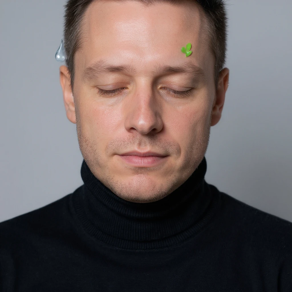 Vertical portrait, only the man's face, realistic style: closed eyes, water drops and green leaves symbols near the face representing hydration and detoxification during fasting, atmosphere of freshness and cleanliness. emoji