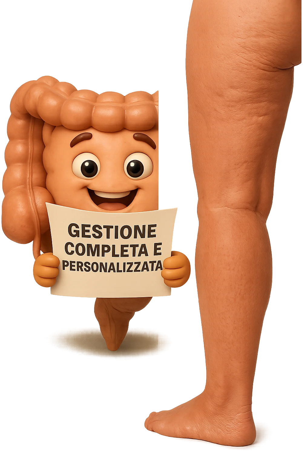 metà immagine: intestino umano anatomico, metà immagine: gambe con buccia d’arancia e cellulite, iperrealistica 4k
 emoji