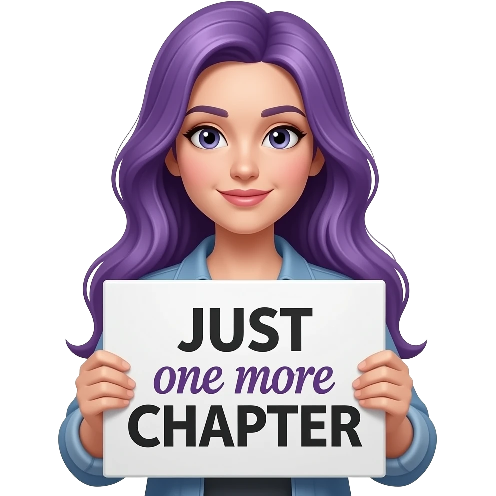 sexy girl with long purple hair holding a JUST one more CHAPTER sign emoji
