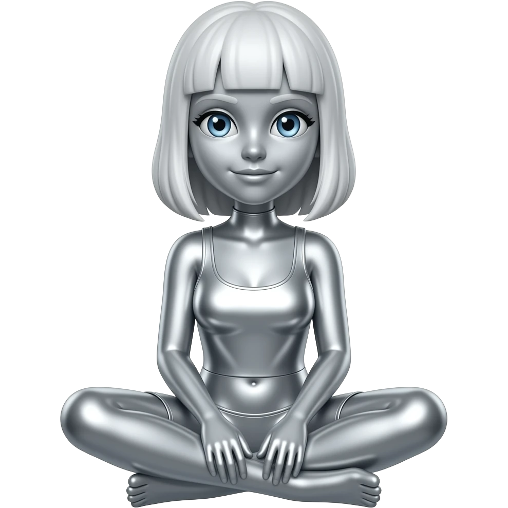 Create an emoji of a seated female figure in metallic silver. The woman has heart eyes. The background is white. The final result must have maximum resolution, high contrast, and extreme sharpness. Illustration style: Vintage – Art Deco – 2D emoji