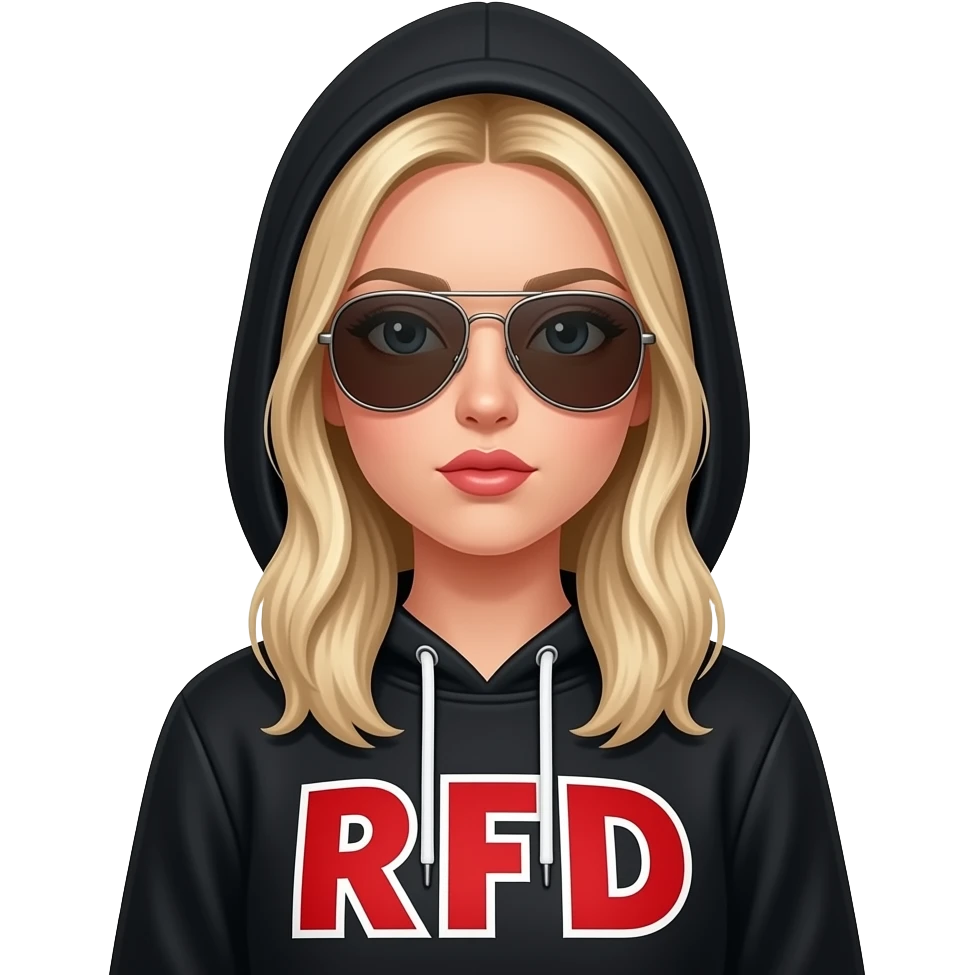 Blond Woman in Black hoodie that says “RFD” in red large font, wearing aviator sunglasses, hood up, pouting emoji