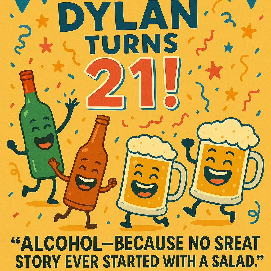 Add the funny drink quote: 'Alcohol—because no great story ever started with a salad.' Keep all original graphics and style. emoji