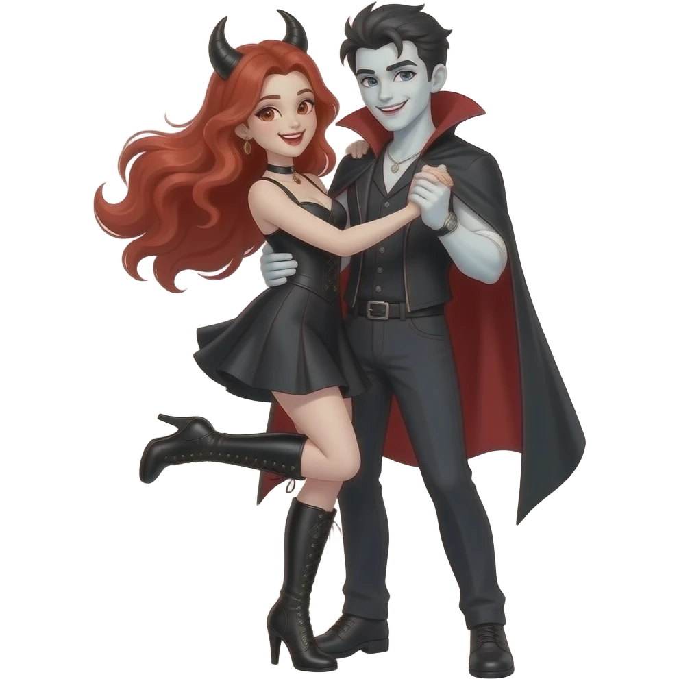 Vampiro femmina ADOLESCENTE con pelle bianca e capelli rosso ondulati lunghi che indossa un vestito corto nero e degli stivali lunghi neri con tacco che la tiene in braccio e balla con il suo fidanzato FIDANZATO con la pelle bianca e sono felici emoji