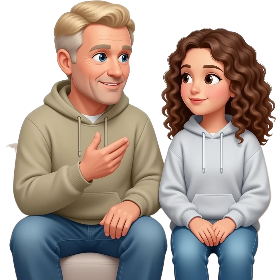 A 65-year-old father with blond hair is talking to his teenage daughter, brown eyes, curly hair, wearing a large sweatshirt and jeans, sitting on a sofa, looking into each other's eyes. emoji