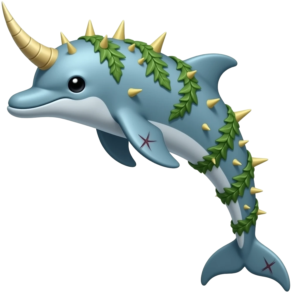Kelphin A graceful light blue dolphin creature covered in ribbon-like seaweed with spikes and a horn. Pitch black eyes, yellow spikes, scarred tail and fins. emoji
