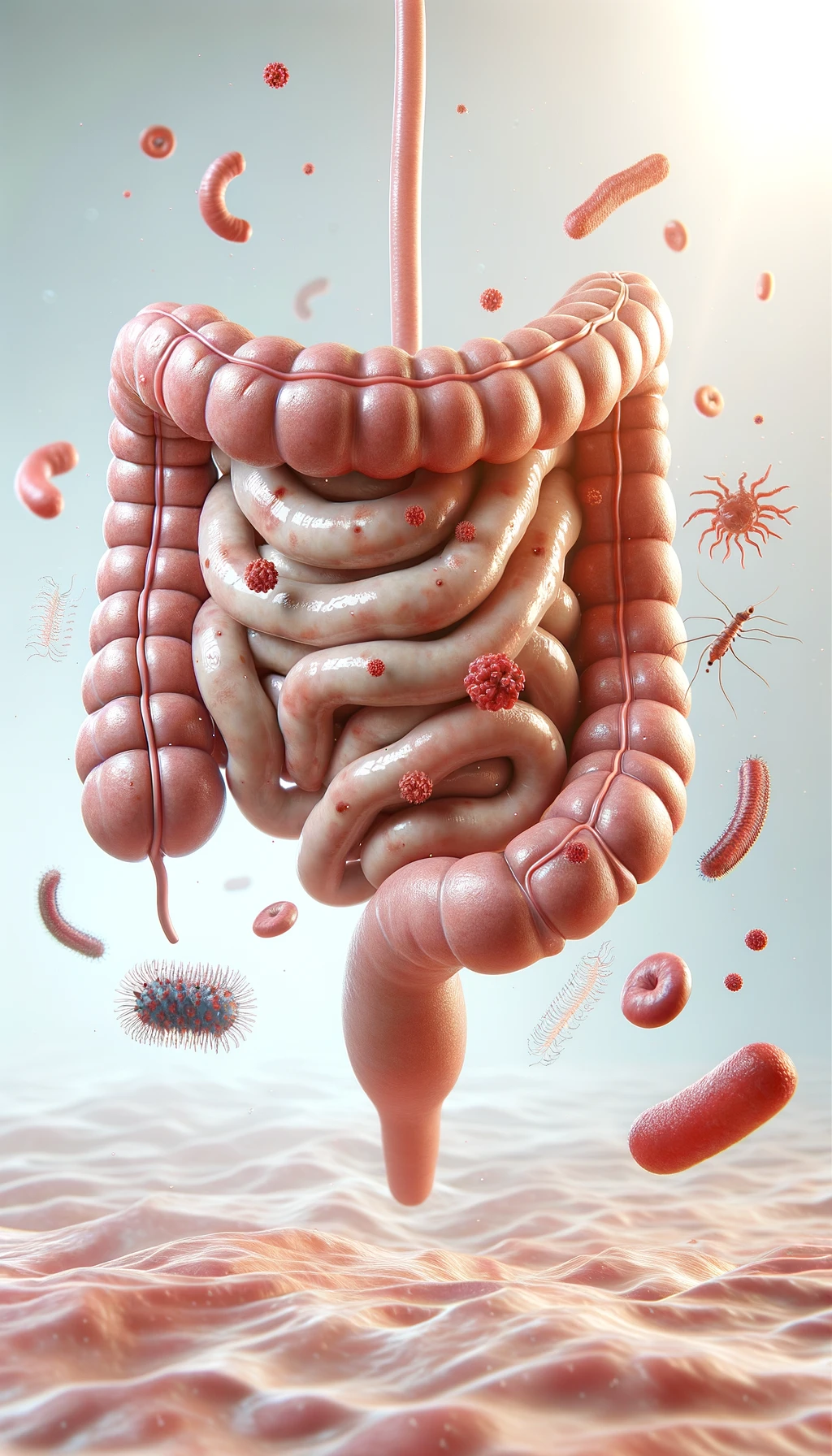 intestino umano realistico con batteri e parassiti che gli fluttuano intorno, sfondo chiaro, iperrealistico 4k emoji