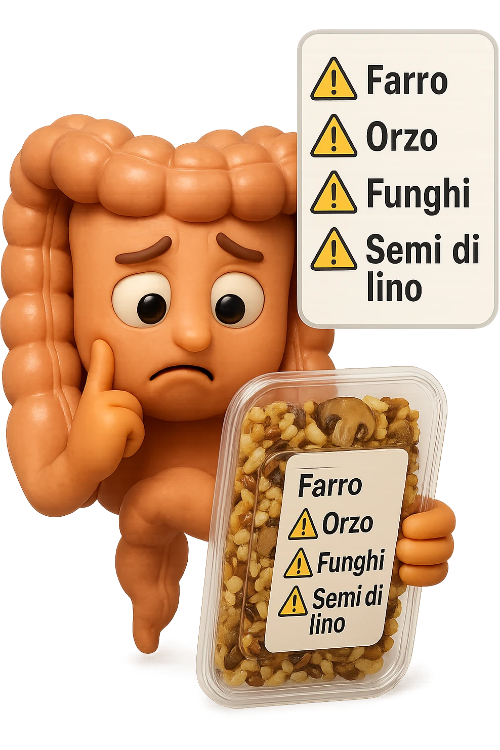 SU QUESTO STILE FAI UN EMOJI STILE IPHONE 3D DI UN INTESTINO CHE HA IN MANO UN insalata di farro mista CONFEZIONATa DA SUPERMERCATO E LEGGE L'ETICHETTA NUTRIZIONALE CON GLI INGREDIENTI IN ITALIANO, ACCANTO ALL'insalata CHE HA IN MANO C'è UN FOCUS SULL'ETICHETTA CON GLI INGREDIENTI SCRITTI, "Farro, orzo, funghi, semi di lino" accanto ad ogni nome scritto mettici un segnale di allarme, FAGLI UN ESPRESSIONE CONFUSA MENTRE LEGGE E FALLO MOLTO REALISTICO IN 3D emoji