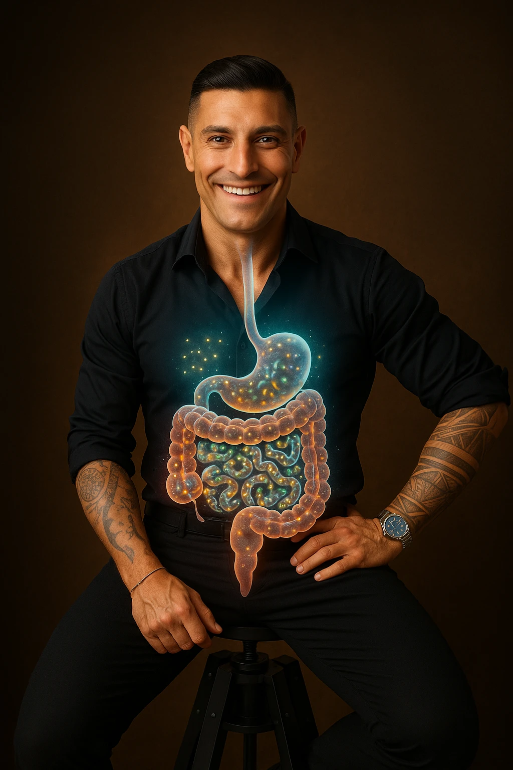 Radiant man with transparent digestive system showing diverse, thriving gut bacteria colonies in perfect balance, beneficial microorganisms glowing like constellation patterns throughout intestines, expression of optimal health and vitality, digestive tract functioning as harmonious ecosystem, immune system strengthened by microbial diversity, energy levels at peak performance emoji