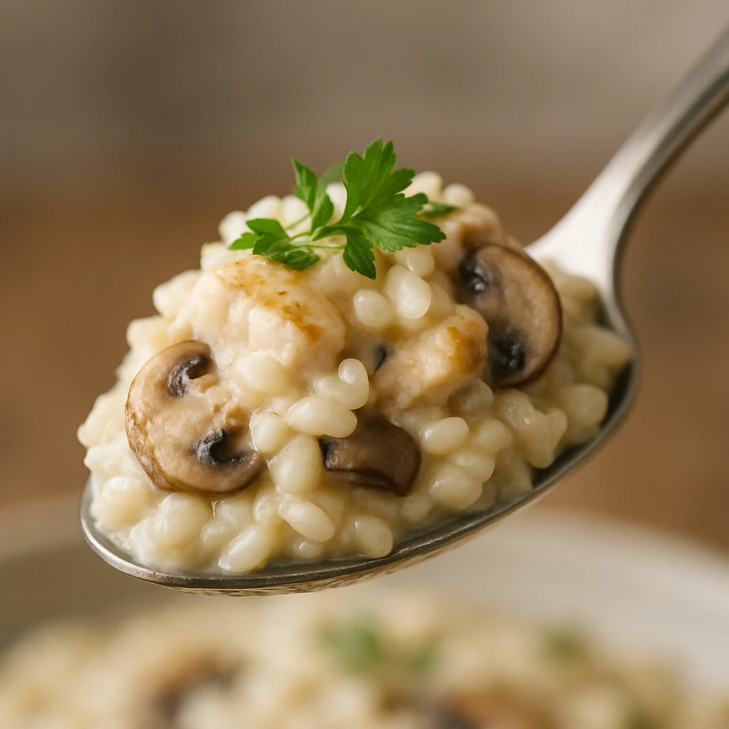 a spoonful of chicken mushroom risotto, creamy texture, with herbs on top emoji