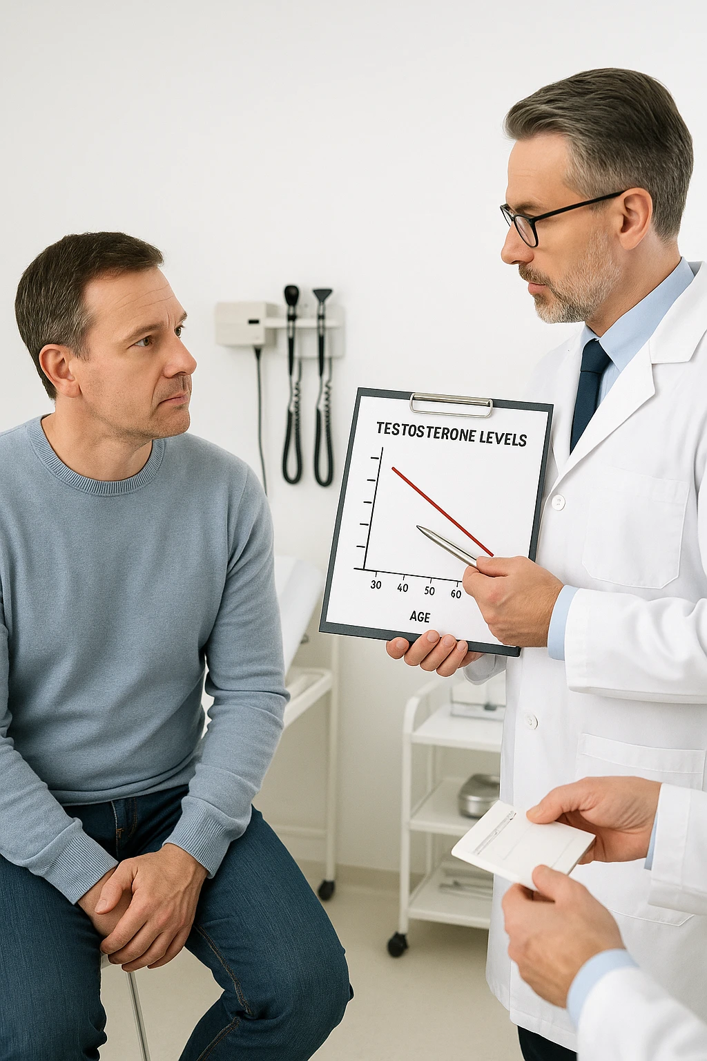 a man in his 40s sits in a doctor’s office, listening attentively as a physician explains TRT (Testosterone Replacement Therapy). The doctor holds a prescription pad and points to an educational chart showing testosterone levels. The mood is professional and informative, with a clean, clinical background. emoji