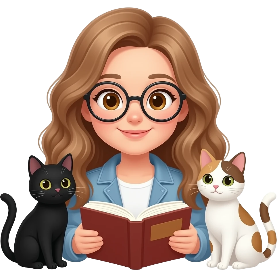 detailed emoji illustration of a curvy woman with long light brown wavy hair, light brown eyes and round glasses reading a book with two cats beside her (one black cat and one white cat with brown spots), cozy atmosphere, cute emoji style emoji