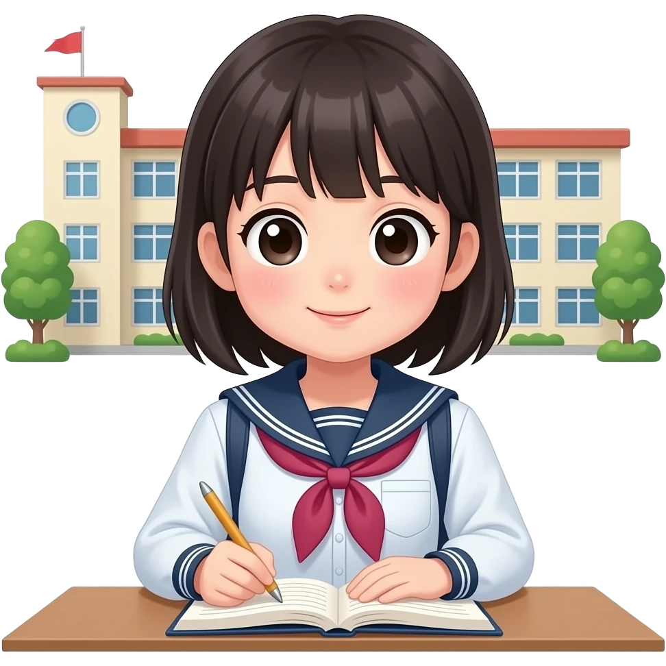Japanese high school girl studying with blushing face behind school building, apple emoji style emoji