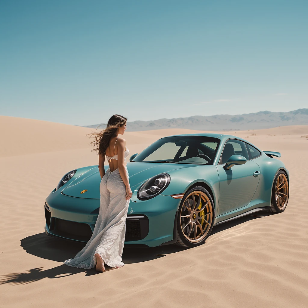 Cinematic still of a woman next to  porsche 911 on desert emoji